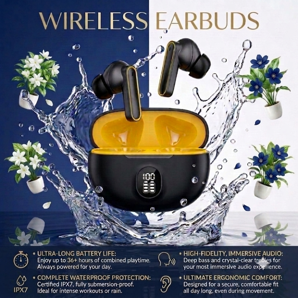 TWS Wireless Earbuds with LED Battery Display –HD Stereo Sound, Touch Control, Long Playtime