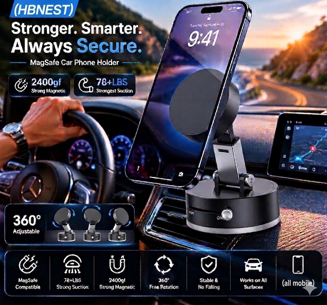 Premium Magnetic Car Phone Mount – 360° Rotation, One-Touch Lock, Universal Holder