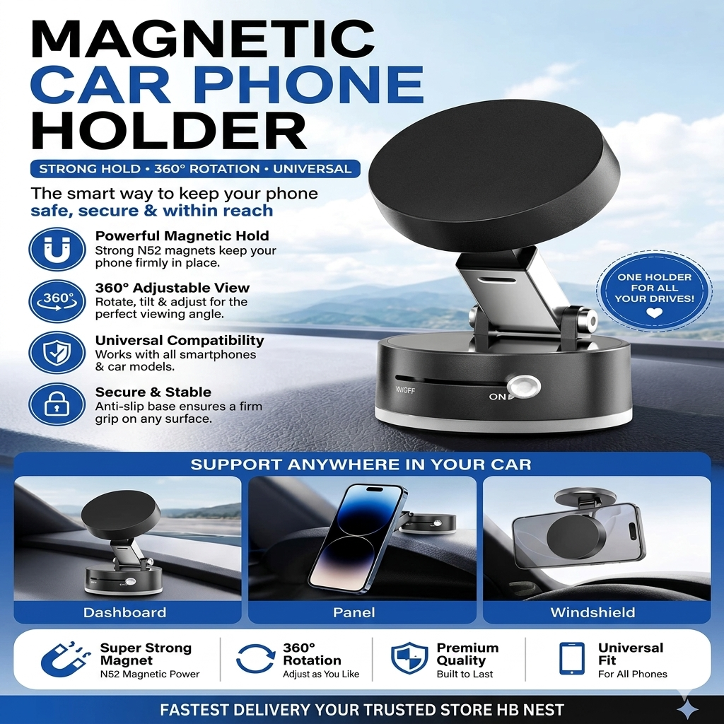 Premium Magnetic Car Phone Mount – 360° Rotation, One-Touch Lock, Universal Holder