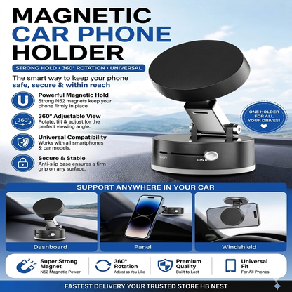Premium Magnetic Car Phone Mount – 360° Rotation, One-Touch Lock, Universal Holder