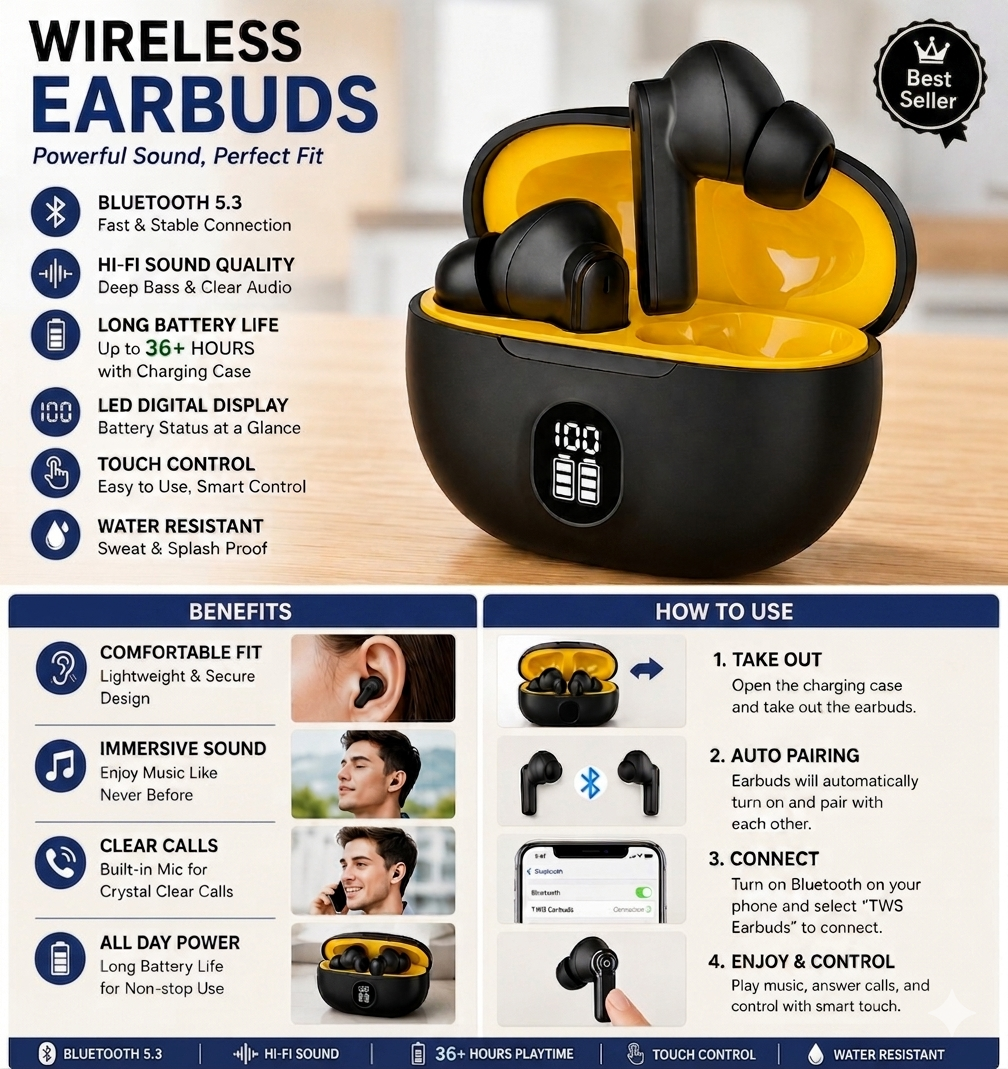 TWS Wireless Earbuds with LED Battery Display –HD Stereo Sound, Touch Control, Long Playtime