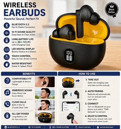 TWS Wireless Earbuds with LED Battery Display –HD Stereo Sound, Touch Control, Long Playtime