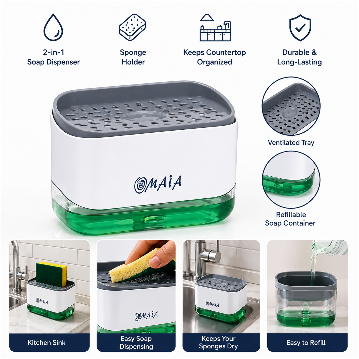 2-in-1 Perimum Soap Dispenser & Sponge Holder