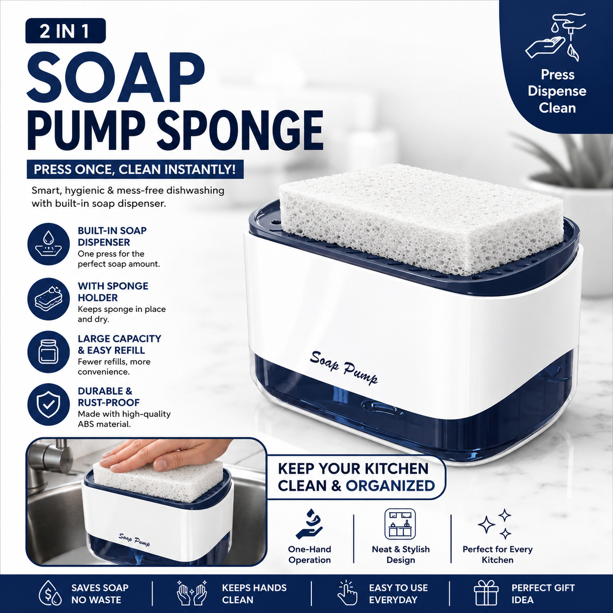 2-in-1 Perimum Soap Dispenser & Sponge Holder